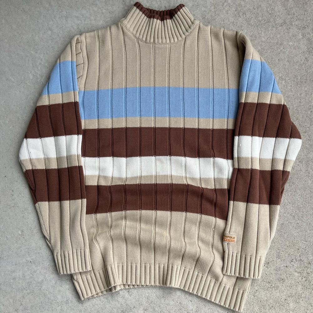 South Pole Beige and Blue Striped Turtleneck Sweater